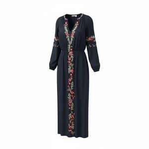 Bohemian Embroidered Floral V Neck Long Sleeve Cotton Boho Maxi Dress  (142)